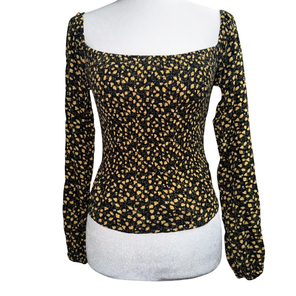 Hollister Smocked Floral Top Womens XS Black Yellow Excellent Square Neck Boho